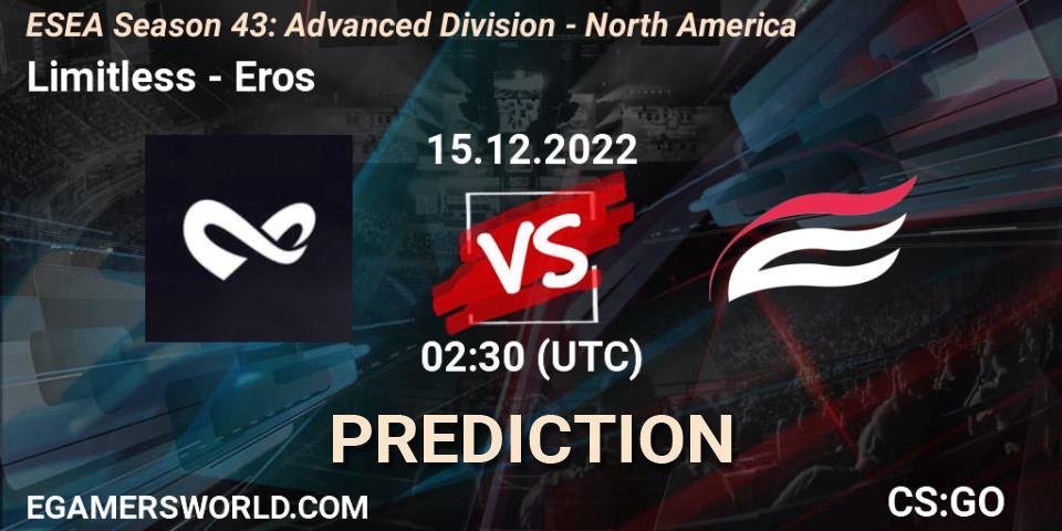 Limitless vs Eros: Betting TIp, Match Prediction. 15.12.2022 at 02:30. Counter-Strike (CS2), ESEA Season 43: Advanced Division - North America
