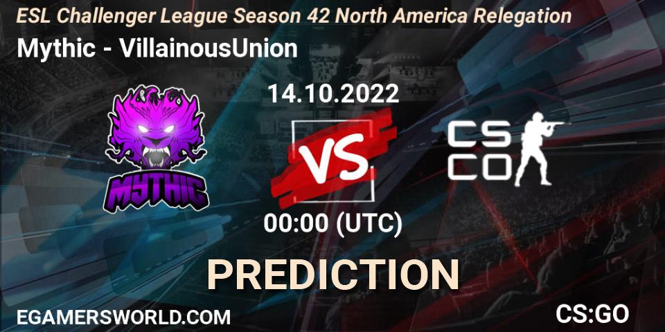 Mythic vs VillainousUnion: Betting TIp, Match Prediction. 14.10.2022 at 00:00. Counter-Strike (CS2), ESL Challenger League Season 42 North America Relegation