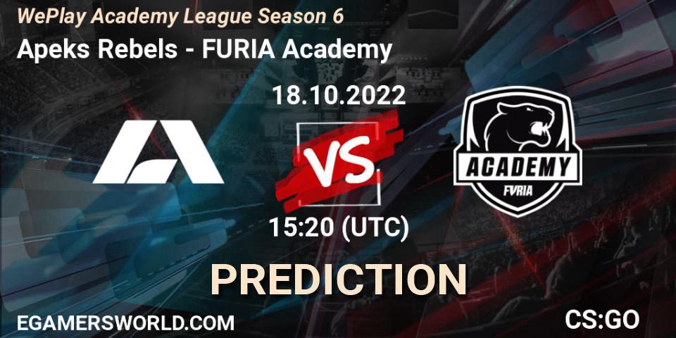 Apeks Rebels vs FURIA Academy: Betting TIp, Match Prediction. 18.10.2022 at 15:50. Counter-Strike (CS2), WePlay Academy League Season 6