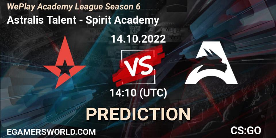 Astralis Talent vs Spirit Academy: Betting TIp, Match Prediction. 14.10.2022 at 14:10. Counter-Strike (CS2), WePlay Academy League Season 6