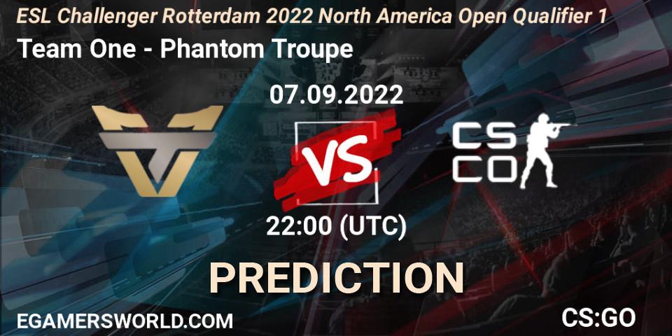 Team One vs Phantom Troupe: Betting TIp, Match Prediction. 07.09.2022 at 22:10. Counter-Strike (CS2), ESL Challenger Rotterdam 2022 North America Open Qualifier 1