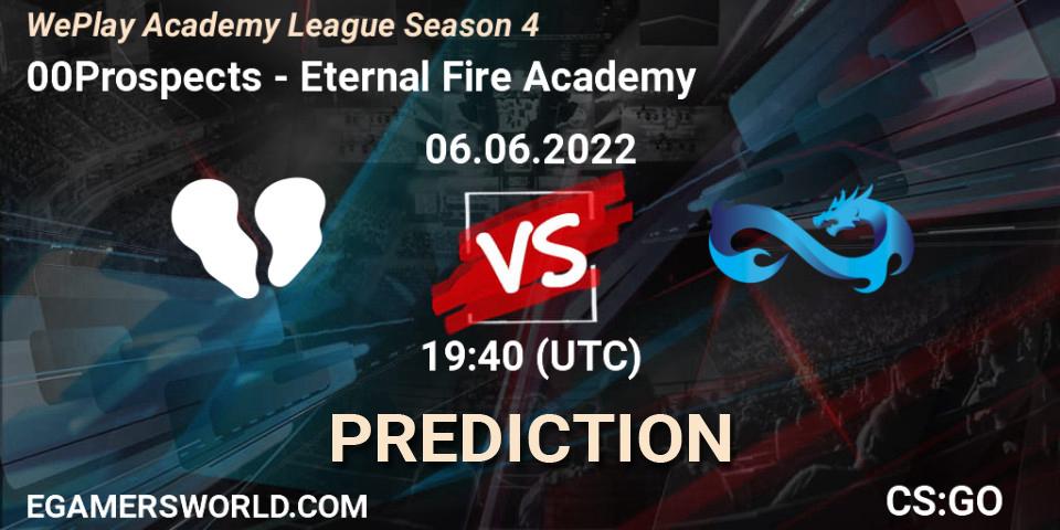 00Prospects vs Eternal Fire Academy: Betting TIp, Match Prediction. 06.06.2022 at 19:40. Counter-Strike (CS2), WePlay Academy League Season 4