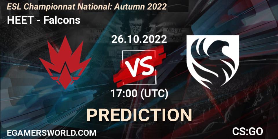 HEET vs Falcons: Betting TIp, Match Prediction. 26.10.2022 at 17:00. Counter-Strike (CS2), ESL Championnat National: Autumn 2022