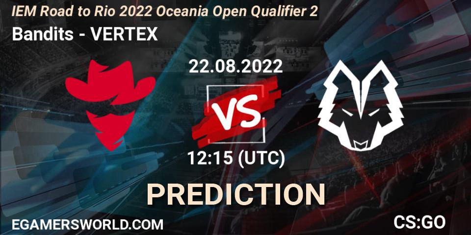 Bandits vs VERTEX: Betting TIp, Match Prediction. 22.08.2022 at 12:15. Counter-Strike (CS2), IEM Road to Rio 2022 Oceania Open Qualifier 2