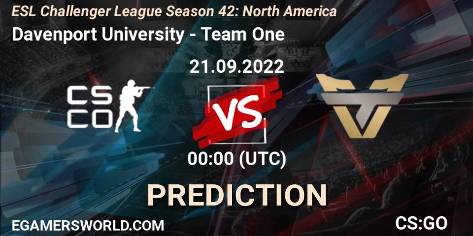 Davenport University vs Team One: Betting TIp, Match Prediction. 21.09.2022 at 00:00. Counter-Strike (CS2), ESL Challenger League Season 42: North America