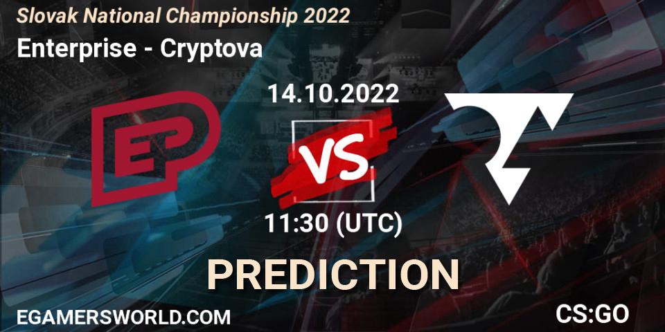 Enterprise vs Cryptova: Betting TIp, Match Prediction. 14.10.2022 at 11:50. Counter-Strike (CS2), Slovak National Championship 2022