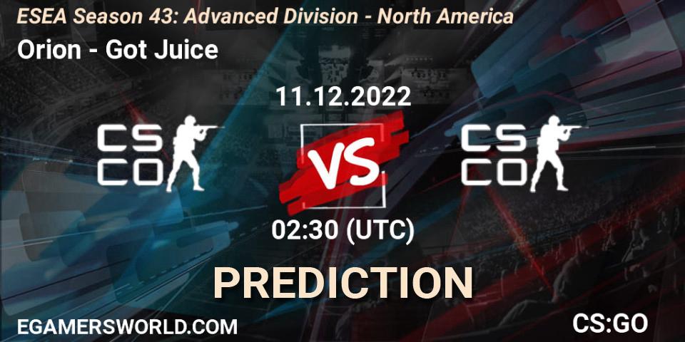 Orion vs Got Juice: Betting TIp, Match Prediction. 11.12.22. CS2 (CS:GO), ESEA Season 43: Advanced Division - North America