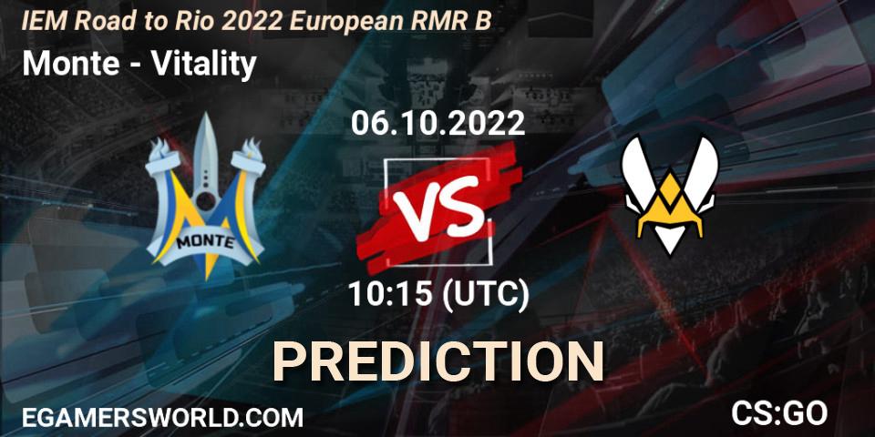 Monte vs Vitality: Betting TIp, Match Prediction. 06.10.2022 at 10:55. Counter-Strike (CS2), IEM Road to Rio 2022 European RMR B