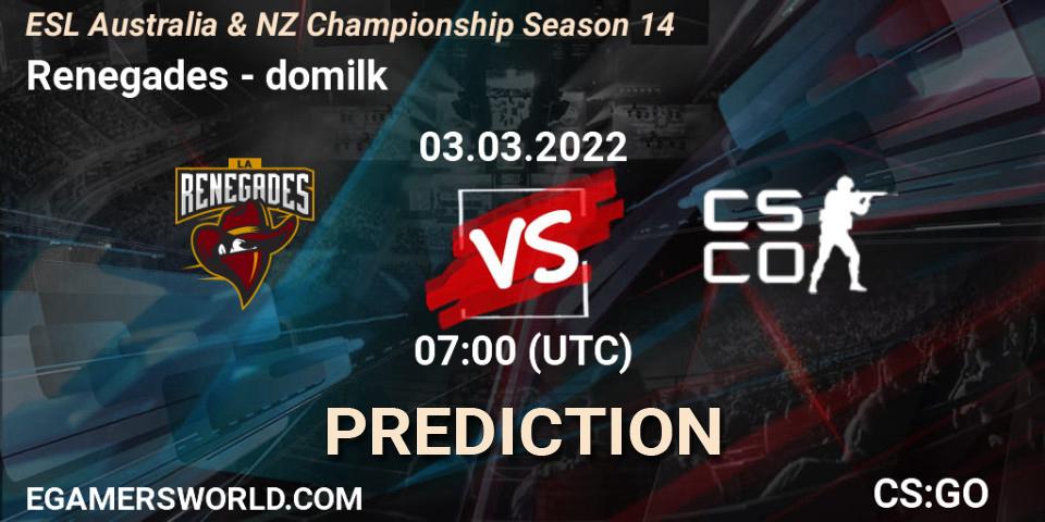 Renegades vs DoMilk: Betting TIp, Match Prediction. 03.03.2022 at 07:00. Counter-Strike (CS2), ESL ANZ Champs Season 14