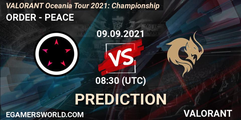 ORDER vs PEACE: Betting TIp, Match Prediction. 09.09.2021 at 08:30. VALORANT, VALORANT Oceania Tour 2021: Championship