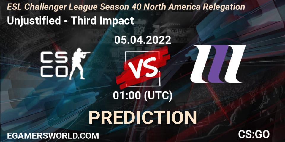 Unjustified vs Third Impact: Betting TIp, Match Prediction. 05.04.22. CS2 (CS:GO), ESL Challenger League Season 40 North America Relegation