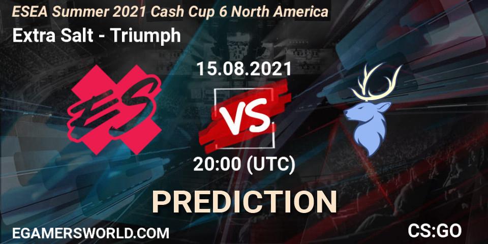 Extra Salt vs Triumph: Betting TIp, Match Prediction. 15.08.2021 at 20:00. Counter-Strike (CS2), ESEA Cash Cup: North America - Summer 2021 #6