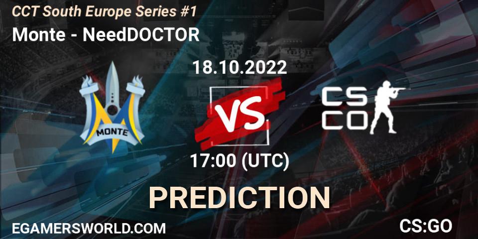 Monte vs NeedDOCTOR: Betting TIp, Match Prediction. 18.10.2022 at 17:00. Counter-Strike (CS2), CCT South Europe Series #1