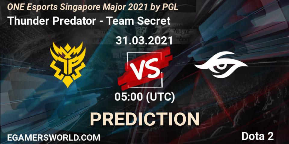 Thunder Predator vs Team Secret: Betting TIp, Match Prediction. 31.03.2021 at 08:55. Dota 2, ONE Esports Singapore Major 2021