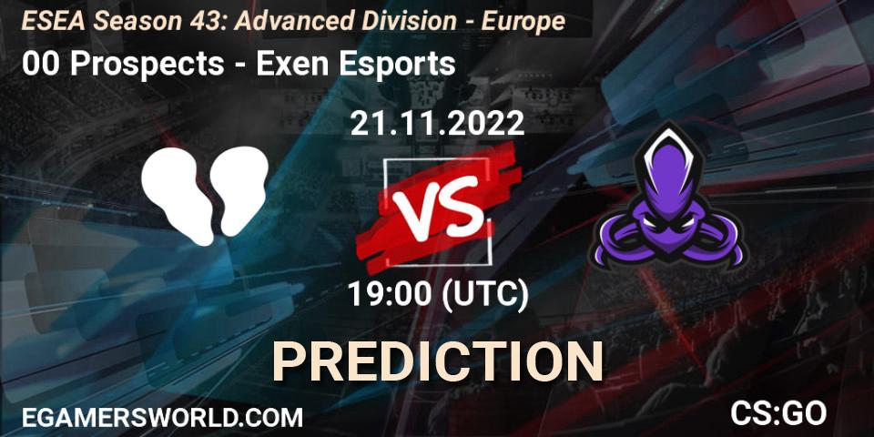 00 Prospects vs Exen Esports: Betting TIp, Match Prediction. 21.11.2022 at 19:00. Counter-Strike (CS2), ESEA Season 43: Advanced Division - Europe