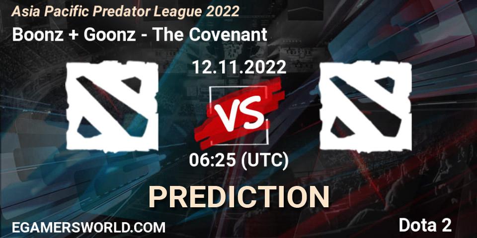 Boonz + Goonz vs The Covenant: Betting TIp, Match Prediction. 12.11.2022 at 06:25. Dota 2, Asia Pacific Predator League 2022