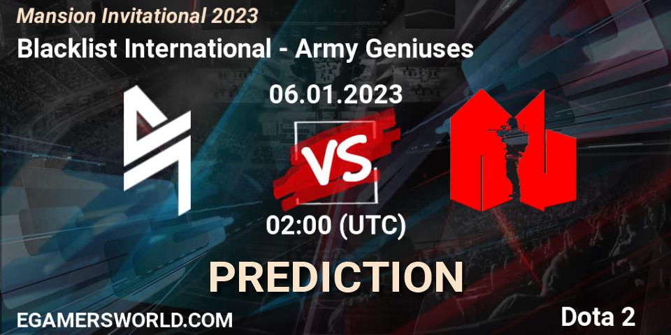 Blacklist International vs Army Geniuses: Betting TIp, Match Prediction. 07.01.2023 at 08:20. Dota 2, Mansion Invitational 2023
