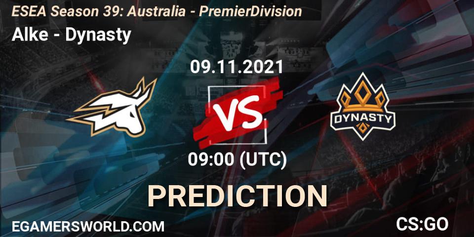 Alke vs Dynasty: Betting TIp, Match Prediction. 09.11.2021 at 09:00. Counter-Strike (CS2), ESEA Season 39: Australia - Premier Division