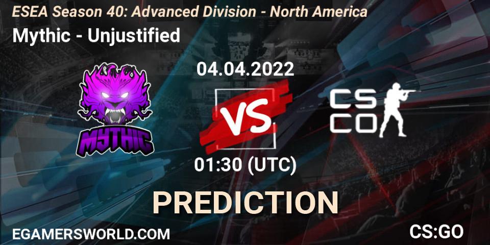 Mythic vs Unjustified: Betting TIp, Match Prediction. 04.04.2022 at 00:00. Counter-Strike (CS2), ESEA Season 40: Advanced Division - North America