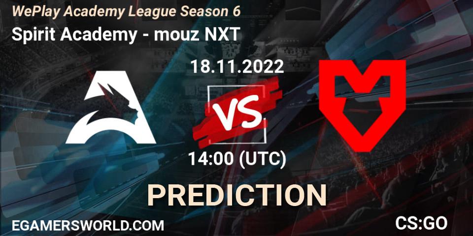 Spirit Academy vs mouz NXT: Betting TIp, Match Prediction. 18.11.2022 at 14:00. Counter-Strike (CS2), WePlay Academy League Season 6