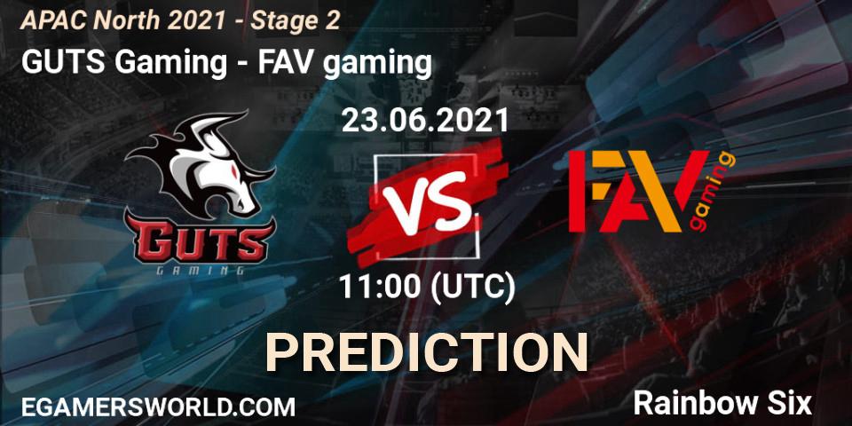 GUTS Gaming vs FAV gaming: Betting TIp, Match Prediction. 23.06.2021 at 11:00. Rainbow Six, APAC North 2021 - Stage 2