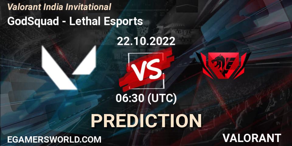 GodSquad vs Lethal Esports: Betting TIp, Match Prediction. 22.10.2022 at 07:00. VALORANT, Valorant India Invitational