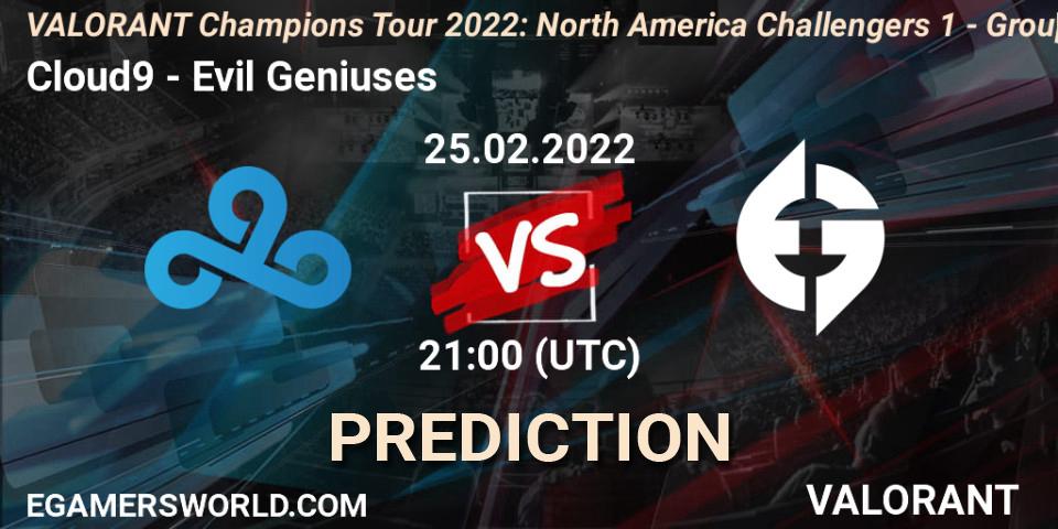Cloud9 vs Evil Geniuses: Betting TIp, Match Prediction. 25.02.2022 at 21:15. VALORANT, VCT 2022: North America Challengers 1 - Group Stage