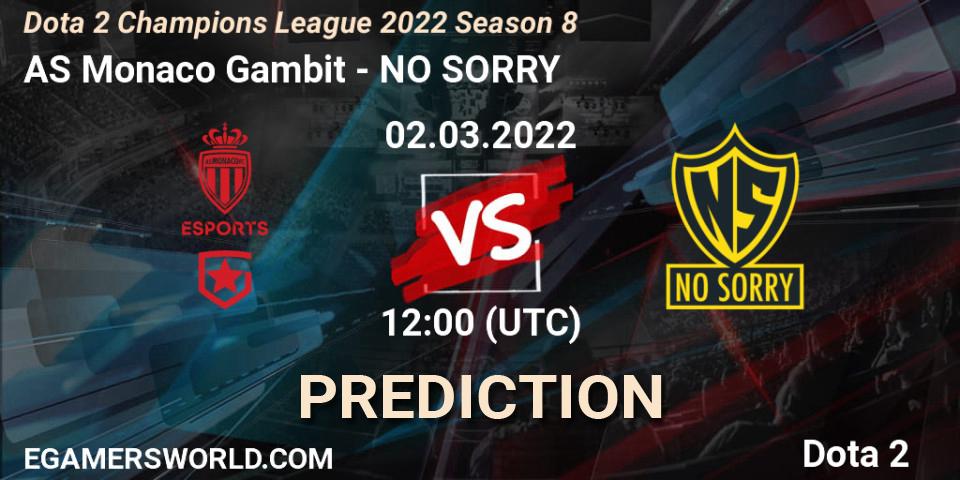 AS Monaco Gambit vs NO SORRY: Betting TIp, Match Prediction. 22.03.2022 at 15:00. Dota 2, Dota 2 Champions League 2022 Season 8