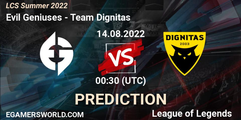 Evil Geniuses vs Team Dignitas: Betting TIp, Match Prediction. 14.08.2022 at 00:30. LoL, LCS Summer 2022