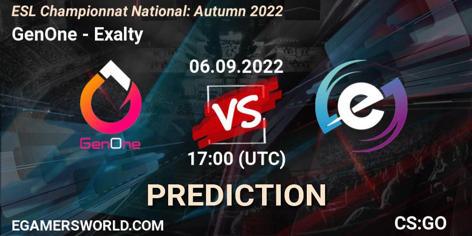 GenOne vs Exalty: Betting TIp, Match Prediction. 06.09.2022 at 17:00. Counter-Strike (CS2), ESL Championnat National: Autumn 2022