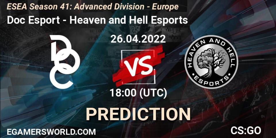 Doc Esport vs Heaven and Hell Esports: Betting TIp, Match Prediction. 26.04.2022 at 18:00. Counter-Strike (CS2), ESEA Season 41: Advanced Division - Europe