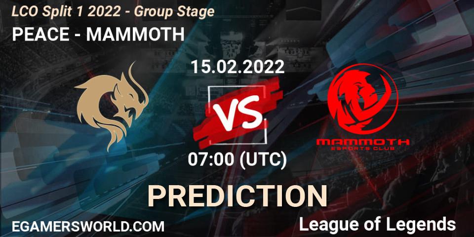 PEACE vs MAMMOTH: Betting TIp, Match Prediction. 15.02.2022 at 07:00. LoL, LCO Split 1 2022 - Group Stage 