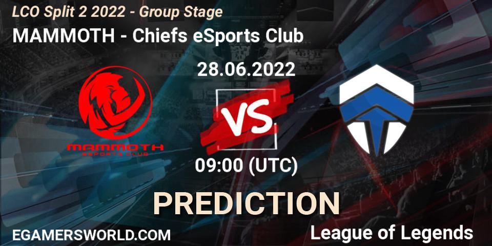 MAMMOTH vs Chiefs eSports Club: Betting TIp, Match Prediction. 28.06.2022 at 09:00. LoL, LCO Split 2 2022 - Group Stage