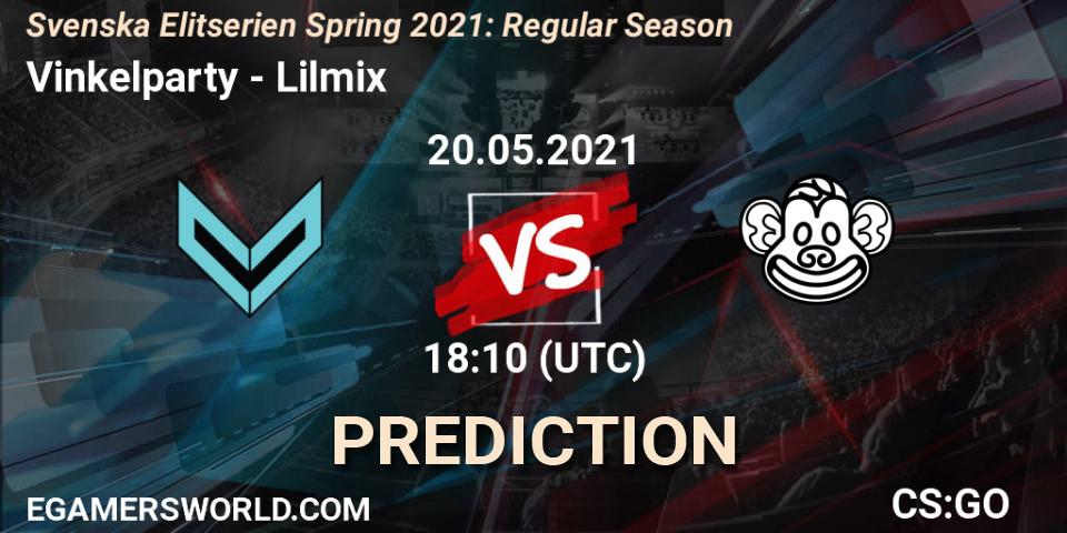 Vinkelparty vs Lilmix: Betting TIp, Match Prediction. 20.05.2021 at 18:10. Counter-Strike (CS2), Svenska Elitserien Spring 2021: Regular Season