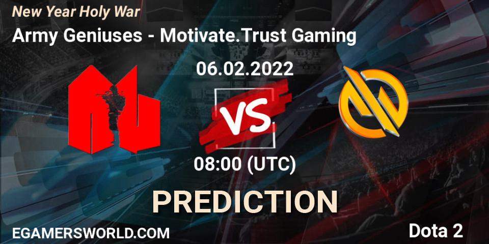 Army Geniuses vs Motivate.Trust Gaming: Betting TIp, Match Prediction. 06.02.2022 at 08:27. Dota 2, New Year Holy War