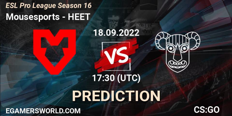 Mousesports vs HEET: Betting TIp, Match Prediction. 18.09.2022 at 17:30. Counter-Strike (CS2), ESL Pro League Season 16