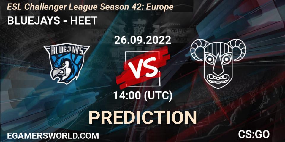 BLUEJAYS vs HEET: Betting TIp, Match Prediction. 26.09.2022 at 14:00. Counter-Strike (CS2), ESL Challenger League Season 42: Europe