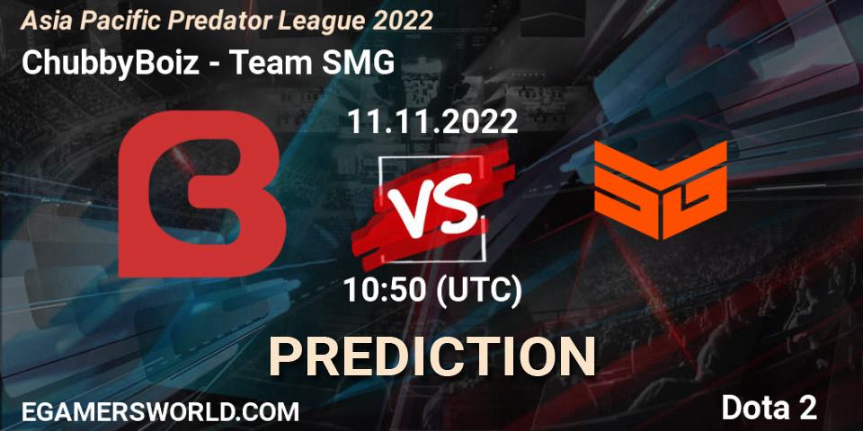 ChubbyBoiz vs Team SMG: Betting TIp, Match Prediction. 11.11.2022 at 10:49. Dota 2, Asia Pacific Predator League 2022