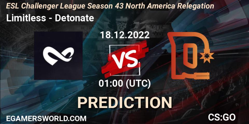 Limitless vs Detonate: Betting TIp, Match Prediction. 18.12.2022 at 01:00. Counter-Strike (CS2), ESL Challenger League Season 43 North America Relegation