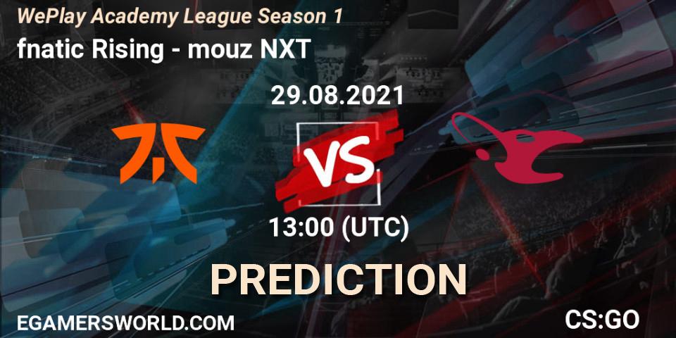 fnatic Rising vs mouz NXT: Betting TIp, Match Prediction. 29.08.2021 at 13:00. Counter-Strike (CS2), WePlay Academy League Season 1