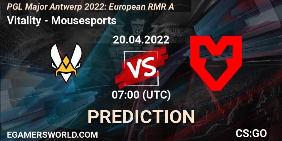 Vitality vs Mousesports: Betting TIp, Match Prediction. 20.04.2022 at 07:00. Counter-Strike (CS2), PGL Major Antwerp 2022: European RMR A