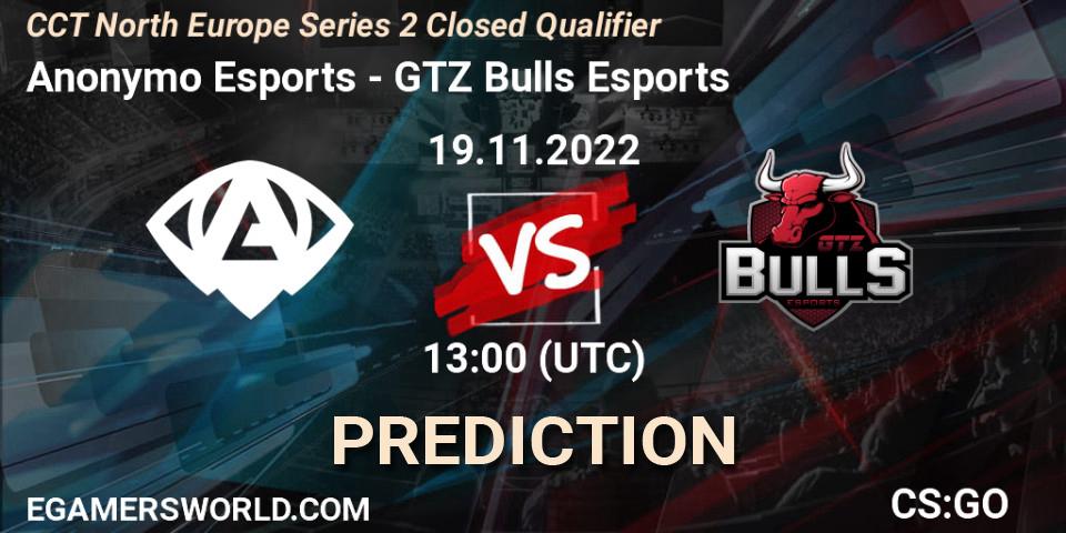 Anonymo Esports vs GTZ Bulls Esports: Betting TIp, Match Prediction. 19.11.2022 at 13:00. Counter-Strike (CS2), CCT North Europe Series 2 Closed Qualifier