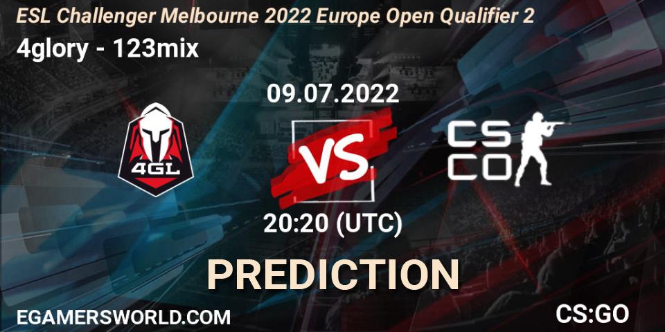 4glory vs 123mix: Betting TIp, Match Prediction. 09.07.2022 at 20:20. Counter-Strike (CS2), ESL Challenger Melbourne 2022 Europe Open Qualifier 2