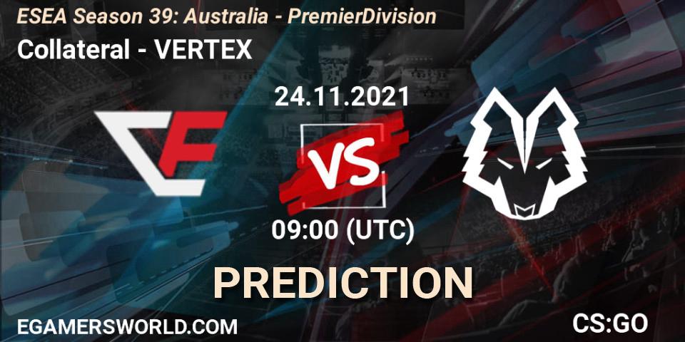 Collateral vs VERTEX: Betting TIp, Match Prediction. 24.11.2021 at 09:00. Counter-Strike (CS2), ESEA Season 39: Australia - Premier Division