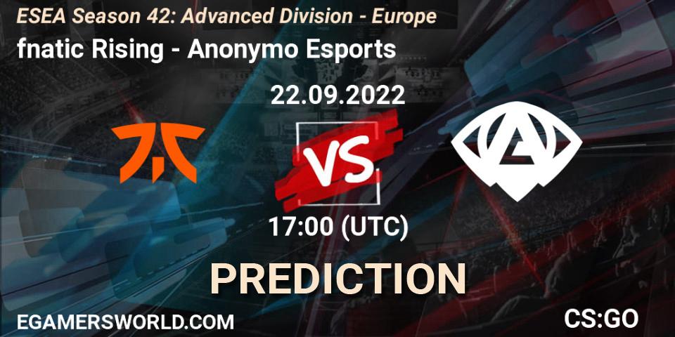 fnatic Rising vs Anonymo Esports: Betting TIp, Match Prediction. 22.09.2022 at 17:00. Counter-Strike (CS2), ESEA Season 42: Advanced Division - Europe