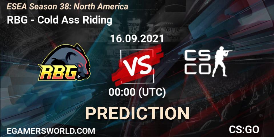 RBG vs Cold Ass Riding: Betting TIp, Match Prediction. 29.09.2021 at 00:20. Counter-Strike (CS2), ESEA Season 38: North America 