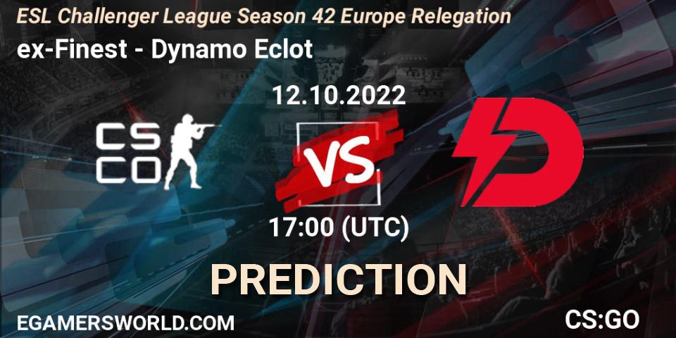 ex-Finest vs Dynamo Eclot: Betting TIp, Match Prediction. 12.10.2022 at 19:00. Counter-Strike (CS2), ESL Challenger League Season 42 Europe Relegation