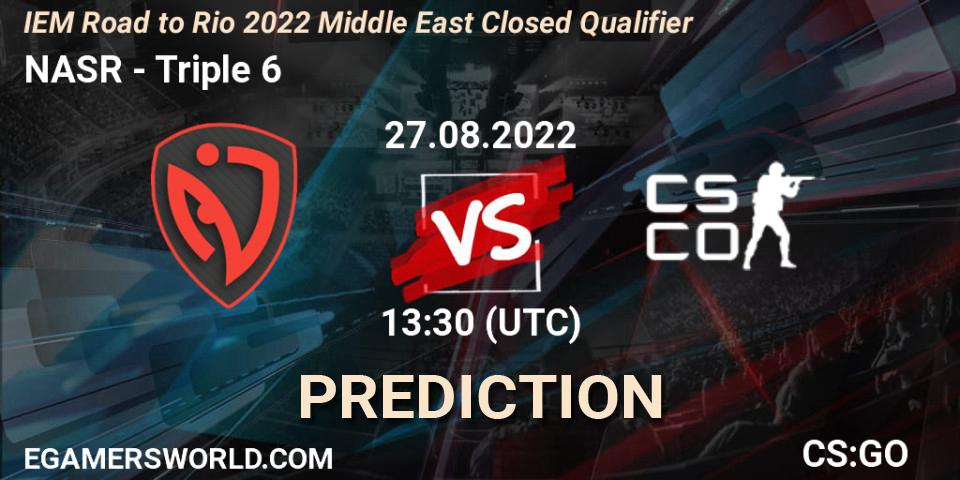 NASR vs Triple 6: Betting TIp, Match Prediction. 27.08.2022 at 13:30. Counter-Strike (CS2), IEM Road to Rio 2022 Middle East Closed Qualifier