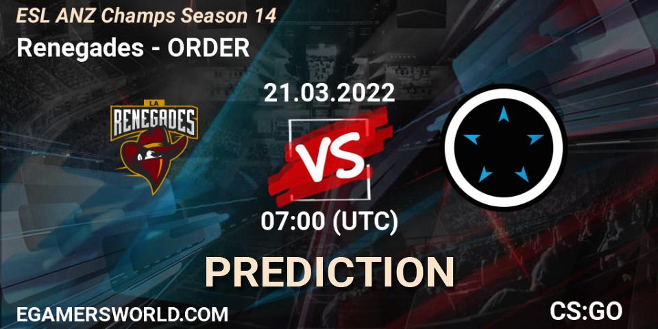 Renegades vs ORDER: Betting TIp, Match Prediction. 21.03.2022 at 07:00. Counter-Strike (CS2), ESL ANZ Champs Season 14