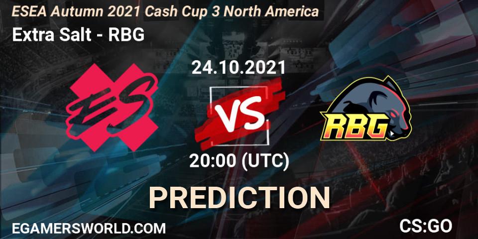 Extra Salt vs RBG: Betting TIp, Match Prediction. 24.10.2021 at 20:10. Counter-Strike (CS2), ESEA Cash Cup: North America - Autumn 2021 #3